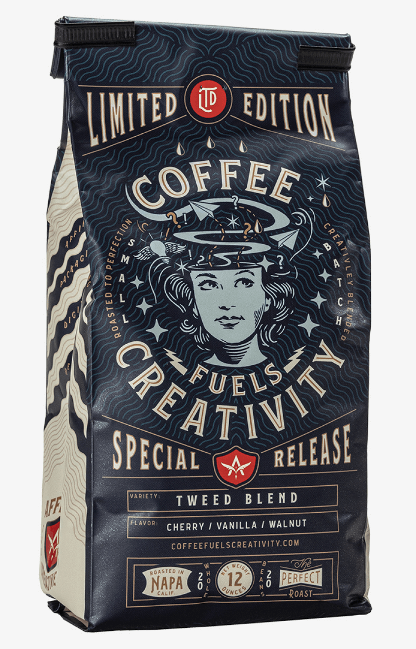 A bag of coffee with a woman's face on it.