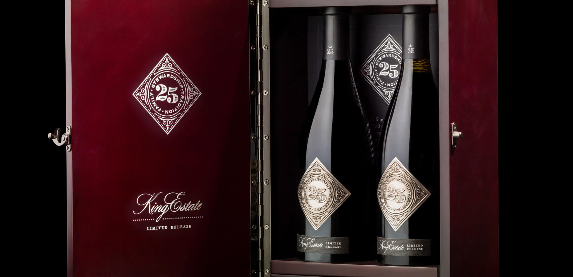 Two bottles of wine packaged in a wooden box.