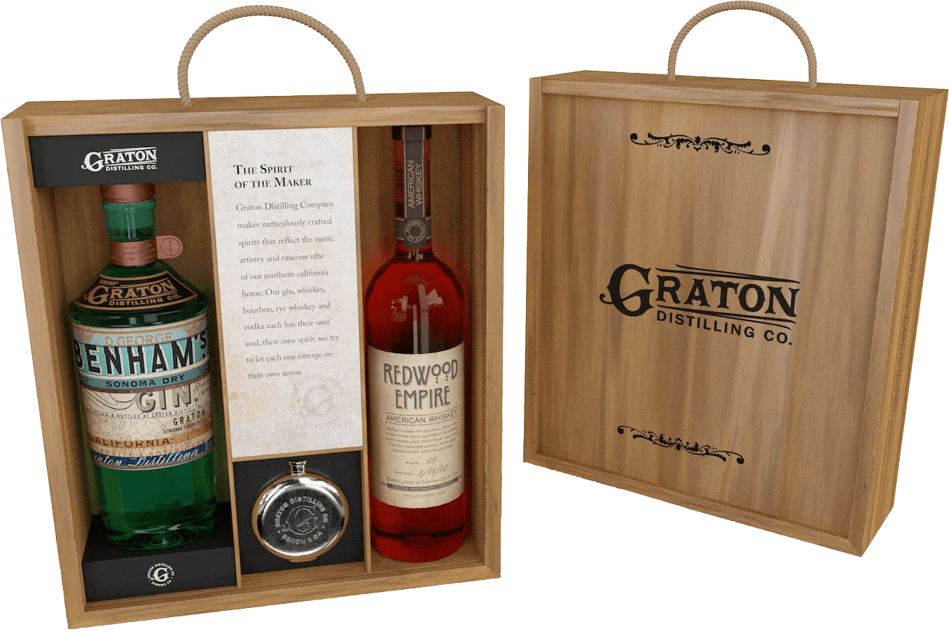 A wooden box with a bottle of gin and a watch.